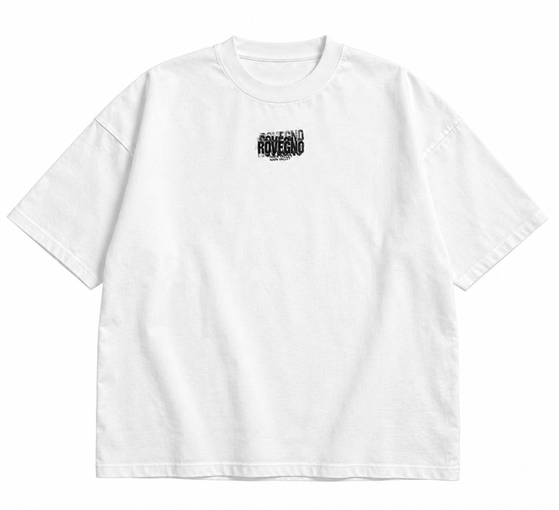 White oversized tee with small distressed ROVEGNO Napa Valley chest print